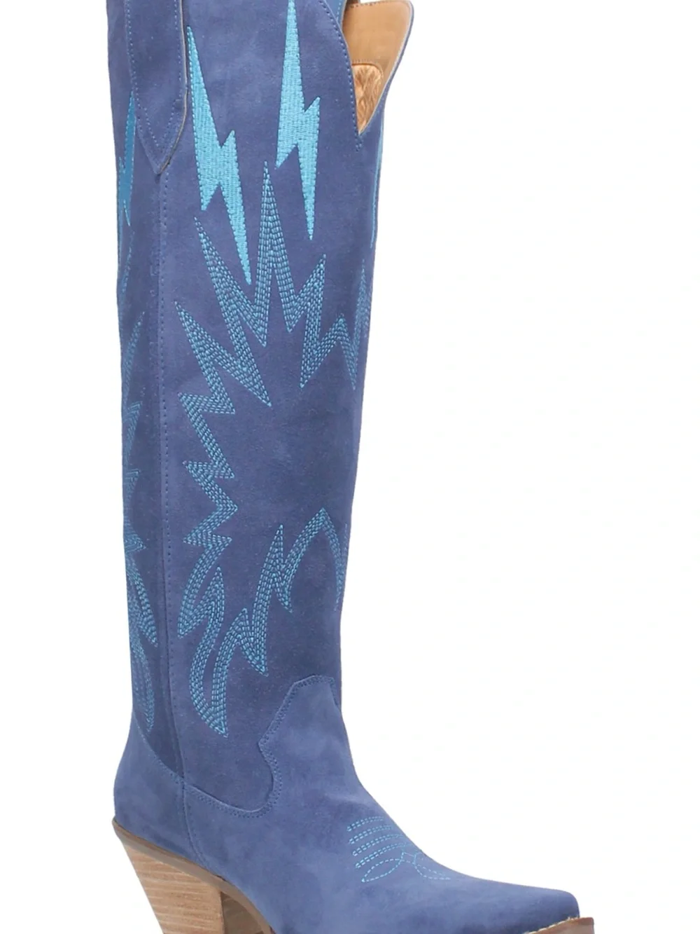 Blue Suede Knee-High Western Boot with Turquoise Stitching - Picture 3 of 4